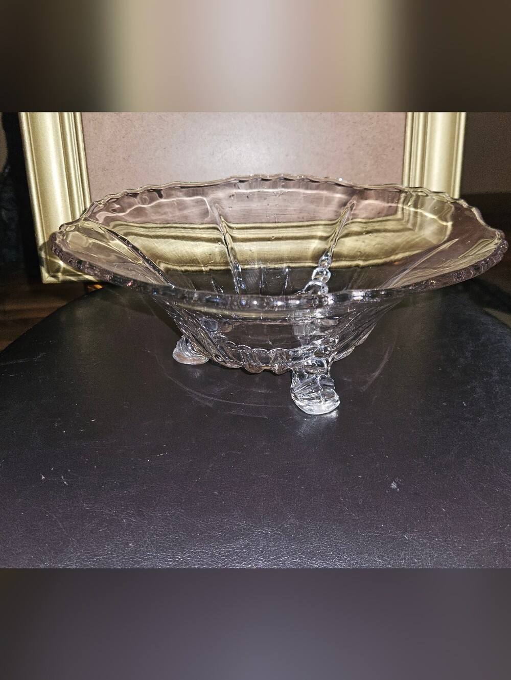Vintage Fostoria 3 Footed Glass Bowl w Scalloped Rim